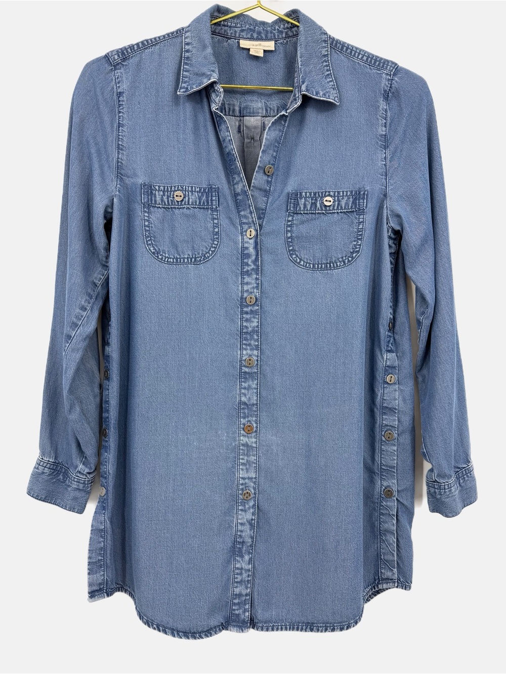 J. Jill Denim Lyocel Button Down Tunic Shirt Chambray Blue Side Button XS Petite